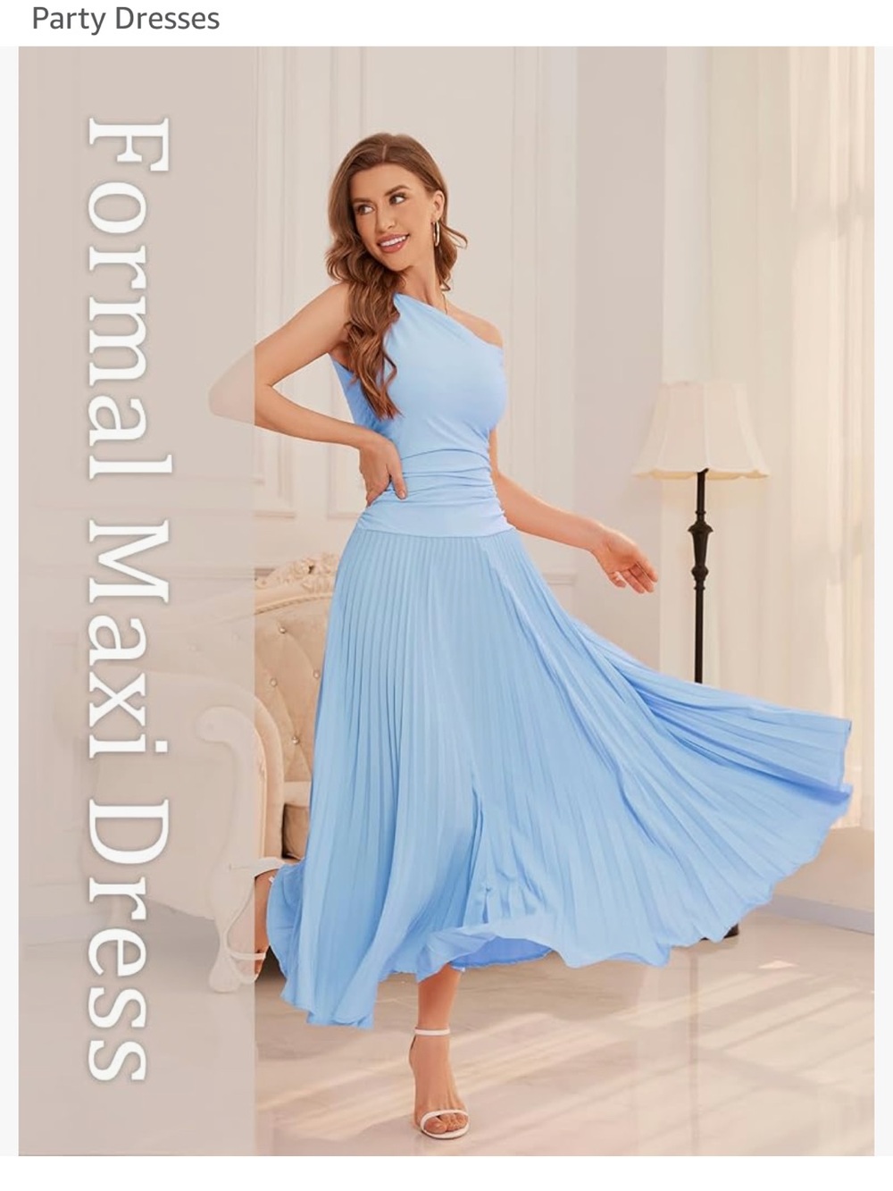 Cocktail/ Wedding guest midi.  One-Shoulder Light Blue Pleated flowy skirt.